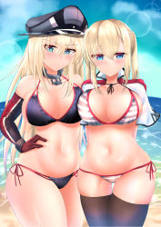 Rule 34 | 2girls, absurdres, arms behind back, balut (7676i), beach, bikini, bismarck (kancolle), black bikini, black legwear, blonde hair, blue eyes, blue sky, blush, breasts, brown gloves, capelet, cleavage, cloud, collarbone, commentary request, cowboy shot, day, detached sleeves, dot nose, eyes visible through hair, gloves, graf zeppelin (kancolle), hair between eyes, hand on own hip, hat, highres, horizon, kantai collection, large breasts, lens flare, long hair, looking at viewer, military hat, multiple girls, navel, ocean, outdoors, peaked cap, side-tie bikini bottom, sideboob, sidelocks, skindentation, sky, sparkle, standing, striped bikini, striped clothes, swimsuit, thighhighs, twintails