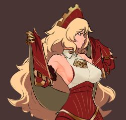 Rule 34 | 1girl, alternate hair length, alternate hairstyle, armor, armpits, big hair, blonde hair, breasts, brown background, centurii-chan, centurii-chan (artist), colored eyelashes, commentary, detached sleeves, english commentary, from side, gold gloves, hairband, halterneck, highres, large breasts, long hair, looking to the side, metal gloves, original, red armor, red eyes, red hairband, red sleeves, sideboob, solo, upper body, very long hair, wide sleeves