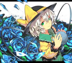 Rule 34 | 1girl, bow, dress, female focus, flower, frills, from above, gradient background, green eyes, green skirt, hat, hat bow, komeiji koishi, letterboxed, looking at viewer, namakura (a namakura), petals, plant, short hair, skirt, smile, solo, third eye, toes, touhou, white background, white hair