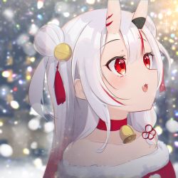 Rule 34 | 1girl, :d, bare shoulders, bell, blurry, blurry background, blush, choker, collarbone, commentary request, depth of field, double bun, fang, fur trim, gradient hair, hair bell, hair between eyes, hair bun, hair ornament, highres, hololive, horns, hot kakigoori, jingle bell, long hair, looking away, multicolored hair, nakiri ayame, neck bell, off shoulder, oni, open mouth, red choker, red eyes, red hair, silver hair, skin-covered horns, smile, solo, streaked hair, two side up, upper body, virtual youtuber