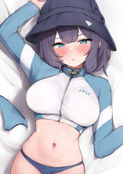 Rule 34 | 1girl, bed sheet, black hair, black hat, blue archive, blue jacket, blush, breasts, cropped jacket, female pubic hair, green eyes, hat, highres, jacket, large breasts, long sleeves, looking at viewer, lying, mochitsuki karen, multicolored clothes, multicolored jacket, navel, on back, pubic hair, pubic hair peek, saki (blue archive), saki (swimsuit) (blue archive), short hair, solo, stomach, two-tone jacket, white jacket