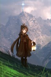 Rule 34 | 1girl, absurdres, advarcher, ahoge, artist name, bird, black gloves, boots, brown cloak, brown dress, brown eyes, brown hair, building, cloak, dress, feather hair ornament, feathers, fingerless gloves, full body, gloves, glowing, grass, hair ornament, highres, hill, holding, holding lantern, hololive, hololive english, hood, hood down, hooded cloak, lantern, long hair, looking at viewer, mountain, mountainous horizon, nanashi mumei, outdoors, ponytail, smile, solo, spire, standing, tower, virtual youtuber
