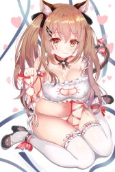 Rule 34 | 1girl, absurdres, animal ears, bad id, bad pixiv id, bell, bound, bra, breasts, brown hair, cat cutout, cat lingerie, cat tail, choker, cleavage, clothing cutout, frilled bra, frilled thighhighs, frills, girls&#039; frontline, hair ribbon, highres, huge filesize, kneeling, large breasts, long hair, looking at viewer, meme attire, neck bell, panties, paw pose, pink ribbon, red eyes, ribbon, ribbon-trimmed clothes, ribbon bondage, ribbon choker, ribbon trim, scar, shoes, simple background, sitting, solo, tail, thighhighs, tia (4017342), ump9 (girls&#039; frontline), underwear, wariza, white bra, white panties, white ribbon, white thighhighs