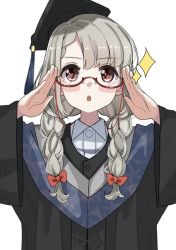 Rule 34 | 1girl, bespectacled, black hat, black robe, blush stickers, bow, braid, braided bangs, collared shirt, commentary request, dress shirt, glasses, grey hair, hair bow, hair over shoulder, hands up, hat, highres, hisakawa nagi, idolmaster, idolmaster cinderella girls, idolmaster cinderella girls starlight stage, long sleeves, low twintails, mortarboard, parted lips, red-framed eyewear, red bow, robe, semi-rimless eyewear, shirt, shiwa (siwaa0419), simple background, solo, sparkle, teeth, tilted headwear, twin braids, twintails, under-rim eyewear, upper body, upper teeth only, white background, white shirt, wide sleeves