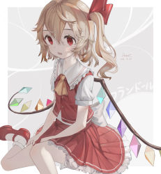Rule 34 | 1girl, ascot, back bow, blonde hair, bobby socks, bow, character name, collared shirt, crystal, dated, flandre scarlet, foot out of frame, frilled shirt collar, frilled skirt, frills, hair between eyes, hair ribbon, hand on own thigh, highres, long hair, mary janes, no headwear, one side up, open mouth, otomo no sachi, pleated skirt, red eyes, red footwear, red ribbon, red skirt, red vest, ribbon, shirt, shoes, short sleeves, signature, sitting, skirt, socks, solo, touhou, upper body, vest, wariza, white bow, white shirt, white socks, wings, yellow ascot