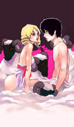 Rule 34 | 1boy, 1girl, atlus, bare shoulders, black hair, blonde hair, blue eyes, catherine, catherine (game), couple, drill hair, horns, lingerie, sheep, taho, topless, twin drills, underwear, vincent brooks