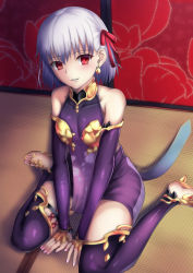 Rule 34 | 1girl, bare shoulders, blush, collarbone, commentary request, covered collarbone, detached sleeves, dress, earrings, fate/grand order, fate (series), grey hair, hair between eyes, hair ribbon, has bad revision, has downscaled revision, high heels, highres, indoors, jewelry, kama (fate), kama (first ascension) (fate), leggings, long sleeves, looking at viewer, md5 mismatch, mishiro (ixtlolton), on floor, parted lips, purple dress, purple leggings, purple skirt, purple sleeves, purple thighhighs, red eyes, red ribbon, resolution mismatch, ribbon, sandals, see-through, sitting, skirt, sleeveless, sleeveless dress, sleeves past wrists, solo, source smaller, thighhighs, wariza