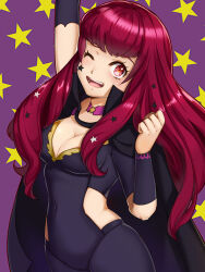 Rule 34 | 1girl, ;d, abemochi, arm up, big hair, black cape, bodysuit, breasts, cape, chest strap, choker, cleavage, clenched hand, clothing cutout, covered navel, cowboy shot, eyelashes, facial mark, fire emblem, fire emblem engage, hair ornament, hand up, high collar, legs together, long hair, medium breasts, nintendo, one eye closed, open mouth, pink choker, pink hair, purple background, purple bodysuit, purple cape, red eyes, ringed eyes, side cutout, smile, solo, standing, star (symbol), star facial mark, star hair ornament, starry background, teeth, two-tone cape, upper teeth only, yunaka (fire emblem)