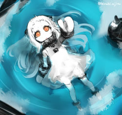 Rule 34 | 10s, 1girl, abyssal ship, ajino (sakanahen), floating, horns, kantai collection, long hair, mittens, monster, northern ocean princess, open mouth, pale skin, reaching, reaching towards viewer, red eyes, solo, white hair
