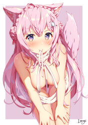 Rule 34 | 1girl, animal ear fluff, animal ears, antenna hair, areola slip, armpit crease, artist name, blush, braid, braided bun, breasts, cleavage, closed mouth, collarbone, commentary request, convenient censoring, crown braid, double bun, female pubic hair, fingernails, hair between eyes, hair bun, hair ornament, hair ribbon, hakui koyori, hands on own legs, hanging breasts, hololive, large breasts, leaning forward, long hair, looking at viewer, luvniji, meme attire, mismatched pubic hair, mouth hold, nail polish, pink background, pink hair, pink nails, pink ribbon, pubic hair, purple eyes, ribbed sweater, ribbon, signature, smile, solo, sweater, tail, thighs, two-tone background, virgin killer sweater, virtual youtuber, white background, white sweater, wolf ears, wolf girl, wolf tail