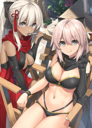 Rule 34 | 2girls, absurdres, ahoge, asymmetrical gloves, bare shoulders, bikini, black bikini, black bow, black gloves, black scarf, bow, breasts, cleavage, cleavage cutout, closed mouth, clothing cutout, commentary request, curry, fate/grand order, fate (series), food, gloves, grey eyes, hair bow, hair ornament, highleg, highres, holding, koha-ace, large breasts, long hair, looking at viewer, multi-strapped bikini, multiple girls, navel, okita j. souji (fate), okita j. souji (first ascension) (fate), okita souji (fate), okita souji (koha-ace), okita souji alter (fate), okita souji alter (first ascension) (fate), outdoors, plant, ponytail, red scarf, scarf, single glove, sitting, smile, spoon, suiroh (shideoukami), swimsuit, table, tassel, tongue, tongue out, uneven gloves, v, white eyes, white hair