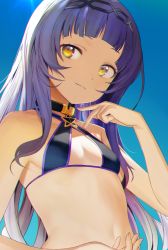 Rule 34 | 1girl, absurdres, bikini, black bikini, blue sky, blunt bangs, breasts, commentary, day, hairband, halterneck, highres, hololive, light smile, long hair, murasaki shion, murasaki shion (hololive summer 2019), navel, official alternate costume, purple hair, seicoh, sky, small breasts, solo, swimsuit, upper body, virtual youtuber, yellow eyes