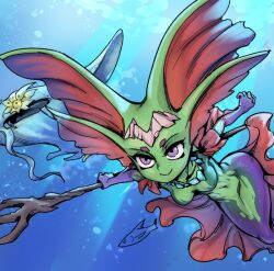 Rule 34 | 1girl, animal, breasts, colored skin, fins, fish, green skin, holding, holding weapon, jewelry, league of legends, medium breasts, mermaid, monster girl, navel, necklace, phantom ix row, pink eyes, short sleeves, smile, tagme, underwater, weapon