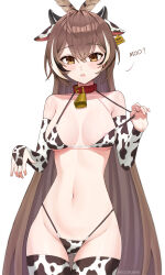 1girl :o absurdres adjusting_clothes ahoge animal_ears animal_print areola_slip artist_name bell bikini breasts bridal_gauntlets brown_eyes brown_hair collar collarbone commentary cow_ears cow_print cow_print_bikini cow_print_gloves cow_print_thighhighs cowbell cowboy_shot elbow_gloves english_commentary english_text fake_animal_ears feather_hair_ornament feathers gloves hair_down hair_ornament highleg highleg_bikini highres hololive hololive_english long_hair looking_at_viewer medium_breasts migokami multicolored_hair nanashi_mumei parted_lips print_bikini print_gloves print_thighhighs red_collar simple_background solo standing streaked_hair swimsuit thighhighs two-tone_sweater very_long_hair virtual_youtuber white_background