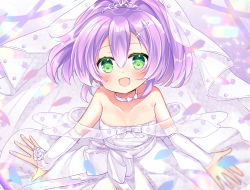 Rule 34 | 1girl, :d, azur lane, bare shoulders, bow, breasts, cleavage, collarbone, commentary, cross, cross earrings, dress, earrings, flower, glint, green eyes, hair between eyes, javelin (azur lane), javelin (blissful purity) (azur lane), jewelry, looking at viewer, official alternate costume, open mouth, petals, ponytail, purple hair, ring, rose, shikito (yawa0w0), small breasts, smile, solo, strapless, strapless dress, tiara, veil, white bow, white dress, white flower, white rose