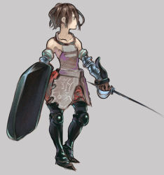 Rule 34 | 1boy, androgynous, armor, bare shoulders, black eyes, boots, brown hair, c.cu, detached sleeves, epee, full body, gauntlets, grey background, male focus, original, sabatons, shield, simple background, solo, standing, sword, weapon