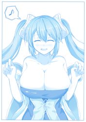 Rule 34 | 1girl, ^ ^, arms up, bare shoulders, breasts, cenangam, cleavage, closed eyes, collarbone, dress, hair ornament, happy, highres, large breasts, league of legends, musical note, open mouth, simple background, smile, solo, sona (league of legends), strapless, strapless dress, sweatdrop, twintails, upper body, white background