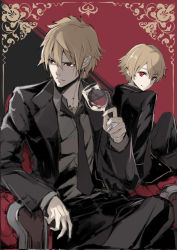 Rule 34 | 2boys, arm rest, armchair, bad id, bad pixiv id, black jacket, black neckwear, black pants, blonde hair, business suit, chair, child gilgamesh (fate), closed mouth, collared shirt, crossed legs, dual persona, earrings, fate/grand order, fate (series), formal, gilgamesh (fate), grey shirt, hair between eyes, jacket, jewelry, long sleeves, looking at viewer, looking to the side, male focus, multiple boys, necktie, open clothes, open jacket, pants, pokimari, red eyes, serious, shirt, sitting, smile, suit, tuxedo, wing collar