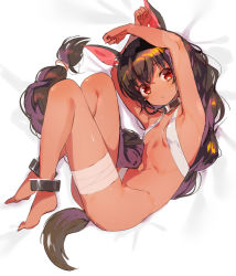 Rule 34 | 1girl, :o, animal ears, ankle cuffs, armpits, arms up, artist name, bandages, bandaged leg, bandages, breasts, brown hair, dark skin, dark-skinned female, dated, full body, konbu wakame, long hair, looking at viewer, original, red eyes, simple background, sketch, small breasts, solo, tail, very long hair, white background