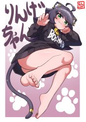 Rule 34 | 1girl, :3, absurdres, ahoge, animal ear fluff, animal ears, bad id, bad twitter id, bare legs, barefoot, black hair, black hoodie, cat ears, cat girl, cat tail, character name, clothes writing, collar, commentary request, ear piercing, fang, fang out, feet, full body, gradient background, green eyes, highres, hood, hood down, hoodie, legs, long hair, long sleeves, looking at viewer, mole, mole under eye, ngetyan, original, paw print, paw print background, piercing, ringe (ngetyan), simple background, smile, solo, tail, tail ornament, tail ring, toes