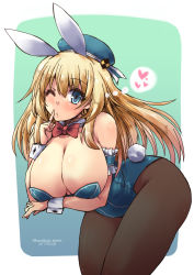 Rule 34 | 10s, 1girl, adapted costume, animal ears, artist name, atago (kancolle), beret, blonde hair, blue eyes, blush, bow, bowtie, breasts, cleavage, covered navel, dated, fake animal ears, hat, highres, kantai collection, large breasts, leotard, pantyhose, playboy bunny, rabbit ears, rabbit tail, shinshin, short hair, simple background, smile, solo, tail, unmoving pattern, wrist cuffs