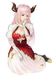 Rule 34 | 1girl, absurdres, alicia (granblue fantasy), boots, breasts, cleavage, cleavage cutout, clothing cutout, commentary request, cross, cross earrings, draph, dress, earrings, gloves, granblue fantasy, hand to own mouth, highres, horns, jewelry, large breasts, long hair, pink hair, red dress, red eyes, sayuumigi, solo, white dress, white gloves