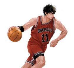 Rule 34 | 1boy, absurdres, ball, basketball (object), basketball jersey, basketball uniform, black eyes, black hair, hair between eyes, highres, holding, holding ball, jersey, looking away, male focus, parted lips, red shirt, red shorts, rukawa kaede, shirt, short hair, shorts, simple background, slam dunk (series), sleeveless, sleeveless shirt, solo, sportswear, twoframe, white background