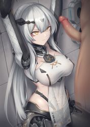 Rule 34 | 1boy, 1girl, android, arms up, breasts, censored, closed mouth, clothed female nude male, erection, girls&#039; frontline, hair between eyes, hair ornament, hetero, highres, large breasts, long hair, looking at penis, mingke, mosaic censoring, nude, paradeus, penis, silver hair, solo focus, teal (girls&#039; frontline), yellow eyes