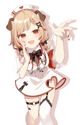 Rule 34 | 1girl, :d, absurdres, animal ear fluff, animal ears, arm up, black bow, bow, breasts, brown hair, dog ears, dress, drop shadow, fangs, garter straps, hair bow, hat, highres, low twintails, medium breasts, multicolored hair, nail polish, nanashi inc., nurse, nurse cap, open mouth, red eyes, red hair, red nails, seshima rui, short twintails, single thighhigh, smile, sofra, solo, stethoscope, streaked hair, thighhighs, twintails, virtual youtuber, white background, white dress, white hat, white thighhighs