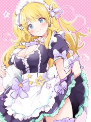 Rule 34 | 1girl, alternate costume, blonde hair, blue eyes, blush, breasts, cleavage, cleavage cutout, clothes lift, clothing cutout, dress, enmaided, frilled dress, frills, hachimiya meguru, heart, holding, holding tray, idolmaster, idolmaster shiny colors, large breasts, maid, morina nao, petticoat, pink background, polka dot, polka dot background, puffy short sleeves, puffy sleeves, short sleeves, skirt, skirt lift, smile, solo, star (symbol), tray