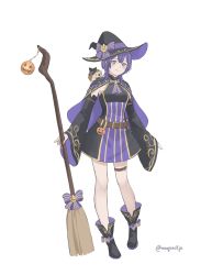 Rule 34 | 1girl, bare legs, bernadetta von varley, boots, broom, cape, detached sleeves, fire emblem, fire emblem: three houses, grey eyes, halloween costume, hat, highres, long sleeves, moja (rainpoow), nintendo, purple hair, short hair, smile, solo, white background, wide sleeves, witch, witch hat
