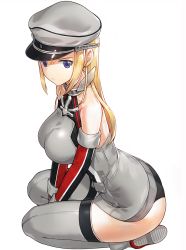 Rule 34 | 10s, 1girl, anchor, bare shoulders, bismarck (kancolle), black panties, blonde hair, blue eyes, breasts, detached sleeves, grey thighhighs, hat, kantai collection, kfr, long hair, military, military uniform, panties, peaked cap, seiza, simple background, sitting, solo, thighhighs, underwear, uniform, white background