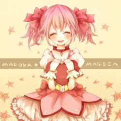 Rule 34 | 10s, 1girl, :3, bad id, bad pixiv id, bubble skirt, cameo, closed eyes, copyright name, dress, gloves, hair ribbon, happy, heart, heart-shaped pillow, kaname madoka, kyubey, magical girl, mahou shoujo madoka magica, mahou shoujo madoka magica (anime), open mouth, pillow, pink dress, pink hair, pink skirt, ribbon, skirt, smile, solo, twintails, white gloves, yellow background, yuuya (pepper minto)
