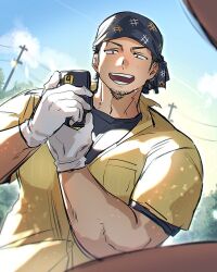 Rule 34 | 1boy, :d, bandana, bara, construction worker, facial hair, gloves, goatee stubble, green shirt, hand up, highres, holding, holding phone, large pectorals, light blush, long sideburns, male focus, mature male, muscular, muscular male, open mouth, original, pectorals, phone, ryudirection96, shirt, short hair, sideburns, smile, solo focus, stubble, taking picture, upper body, white gloves