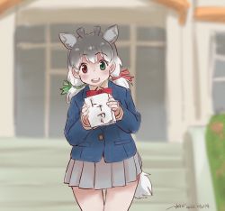 Rule 34 | 1girl, animal ears, antlers, blouse, blue jacket, blush, book, bow, bowtie, collared shirt, commentary request, cowboy shot, deer ears, deer girl, deer tail, extra ears, green eyes, grey hair, grey skirt, heterochromia, highres, horns, jacket, kemono friends, kemono friends 3, long sleeves, looking at viewer, multicolored hair, nyororiso (muyaa), official alternate costume, open mouth, pleated skirt, red bow, red bowtie, red eyes, reindeer (kemono friends), reindeer antlers, school uniform, shirt, short twintails, skirt, solo, tail, translated, twintails, white hair, white shirt