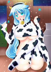 Rule 34 | absurdres, animal ears, animal print, bell, blue eyes, blue hair, breasts, cow ears, cow girl, cow horns, cow print, cow tail, cowbell, haarmades, highres, horns, huge breasts, original, star-shaped pupils, star (symbol), symbol-shaped pupils, tail
