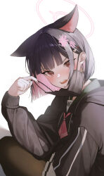 Rule 34 | 1girl, absurdres, anger vein, animal ears, black hair, black jacket, black mask, black pantyhose, blue archive, blush, cat ears, colored inner hair, extra ears, halo, highres, hood, hooded jacket, jacket, kazusa (blue archive), looking at viewer, mask, mask pull, mouth mask, multicolored hair, pantyhose, pink hair, school uniform, simple background, solo, two-tone hair, white background, yeoni mon