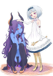 Rule 34 | 2girls, bare shoulders, black footwear, black legwear, black sclera, blue skin, boots, caeda (fire emblem), colored sclera, colored skin, comforting, cross-laced footwear, crying, cyda afrarn, demon girl, dress, fire emblem, flootier, headpat, high heel boots, high heels, knee boots, lace-up boots, long hair, looking at another, multiple girls, nintendo, pointy ears, purple hair, red eyes, silver hair, squatting, standing, summon night, summon night 5, tears, thigh boots, thighhighs, tsunemi aosa, wand, white dress, wiping tears