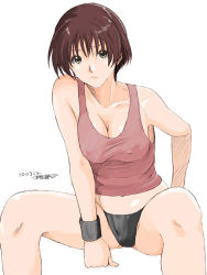 Rule 34 | 1girl, bare shoulders, breasts, brown eyes, brown hair, cleavage, covered erect nipples, original, ryouzou, short hair, signature, simple background, solo, spread legs