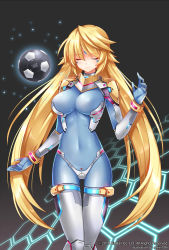 Rule 34 | 1girl, ball, blonde hair, blue bodysuit, bodysuit, closed eyes, closed mouth, covered navel, expressionless, floating, floating object, gluteal fold, hexagon, highres, long hair, serin199, soccer ball, soccer spirits, solo, thigh gap, thighhighs, very long hair, white thighhighs