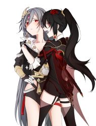 Rule 34 | 2girls, black hair, black jacket, black legwear, black shorts, cape, coffeejelly, dual persona, fangs, flower, fu hua, fu hua (herrscher of sentience), fu hua (shadow knight), grey hair, hair between eyes, hair flower, hair ornament, hand on another&#039;s shoulder, highres, honkai (series), honkai impact 3rd, implied yuri, jacket, long hair, looking at another, multiple girls, open mouth, ponytail, red eyes, red flower, red rose, rose, see-through cape, short sleeves, shorts, simple background, thighhighs, vampire, white background