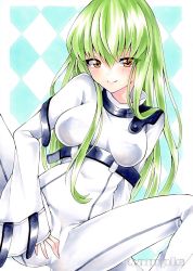 Rule 34 | 1girl, absurdres, argyle, argyle background, argyle clothes, bad id, bad pixiv id, blush, bodysuit, breasts, breasts apart, brown eyes, c.c., cameltoe, closed mouth, code geass, covered erect nipples, green hair, hair between eyes, highres, long hair, looking at viewer, marker (medium), medium breasts, sample watermark, sitting, smile, solo, spread legs, straight hair, traditional media, very long hair, watermark, white bodysuit, yuiki (cube)