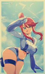 Rule 34 | 1girl, blue eyes, blue gloves, blue shorts, bluethebone, breasts, covered erect nipples, creatures (company), feathers, game freak, gloves, highres, large breasts, midriff, navel, nintendo, one side up, pokemon, pokemon bw, pouch, red hair, retro artstyle, salute, short hair with long locks, short shorts, shorts, sky, skyla (pokemon), swept bangs, thick thighs, thigh pouch, thighs, tongue, tongue out, wide hips