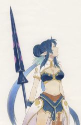 Rule 34 | 00s, 1girl, blue hair, breasts, female focus, gloves, hair bun, highres, judith (tales), long hair, pointy ears, polearm, red eyes, single hair bun, solo, spear, tales of (series), tales of vesperia, twintails, weapon, white background, white gloves