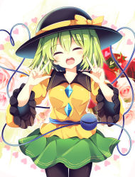 Rule 34 | 1girl, :o, ^ ^, absurdres, black hat, black pantyhose, blush, bow, breasts, closed eyes, commentary request, cowboy shot, double w, flower, frilled sleeves, frills, green hair, green skirt, hands up, hat, hat bow, heart, heart of string, highres, koishi day, komeiji koishi, long sleeves, looking at viewer, maturiuta sorato, medium breasts, miniskirt, open mouth, pantyhose, pink flower, pink rose, red flower, red rose, rose, shirt, short hair, skirt, solo, standing, third eye, touhou, w, white background, wide sleeves, yellow bow, yellow shirt