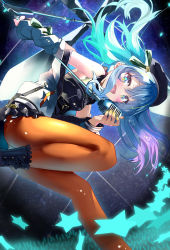 Rule 34 | 1girl, :d, aqua hair, beret, black dress, black footwear, black hat, blue eyes, blue hair, blush, boots, commentary request, dress, feet out of frame, fingernails, from below, hat, highres, holding, holding microphone stand, hololive, hoshimachi suisei, hoshimachi suisei (streetwear), jacket, leg up, long hair, long sleeves, looking at viewer, microphone stand, multicolored hair, nail polish, off shoulder, open clothes, open jacket, open mouth, orange thighhighs, purple hair, sho (runatic moon), sidelocks, sky, smile, solo, standing, standing on one leg, star (sky), star (symbol), starry sky, thighhighs, virtual youtuber, white jacket, yellow nails