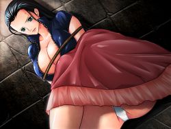 Rule 34 | 1girl, areola slip, arms behind back, bdsm, black hair, blue shirt, bondage, bound, breasts, bursting breasts, cleavage, collarbone, dutch angle, female focus, floor, green eyes, hair slicked back, indoors, knees together feet apart, kodamashi, large breasts, long hair, nico robin, no bra, no eyewear, on floor, one piece, open clothes, open shirt, panties, pantyshot, pink skirt, rope, sarong, shiny clothes, shirt, short sleeves, sitting, skirt, solo, sweatdrop, underwear, unzipped, wall, white panties, zipper