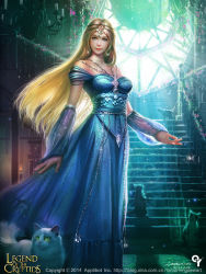 Rule 34 | 1girl, artist name, blonde hair, blue eyes, candle, cat, circlet, copyright name, dated, dress, earrings, flower, head chain, highres, jewelry, leaf, legend of the cryptids, liang xing, long hair, necklace, official art, sparkle, stairs, watermark, web address, window