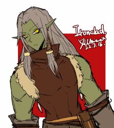 Rule 34 | artist name, character name, colored skin, dated, ear piercing, green skin, grey hair, hair tubes, long hair, male focus, piercing, pointy ears, pouch, slay the spire, solo, the ironclad, toned, toned male, upper body, whitose, yellow eyes