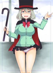 Rule 34 | !?, 1girl, black cape, black hat, black skirt, blue border, blue sky, blush, border, bow, bowtie, breasts, cane, cape, cardigan, clothes lift, cloud, cloudy sky, cowboy shot, day, dress shirt, fang, frown, gesture, gluteal fold, green eyes, green sweater, grey hair, hat, highres, holding, holding cane, large breasts, long sleeves, looking at viewer, magic trick, medium hair, miniskirt, nakamura yukitoshi, open mouth, panties, pink panties, pleated skirt, red bow, red bowtie, school uniform, shirt, skirt, skirt lift, sky, solo, standing, sweater, tejina senpai, tejina senpai (series), thighs, top hat, underwear, v-neck, white shirt, wind, wind lift